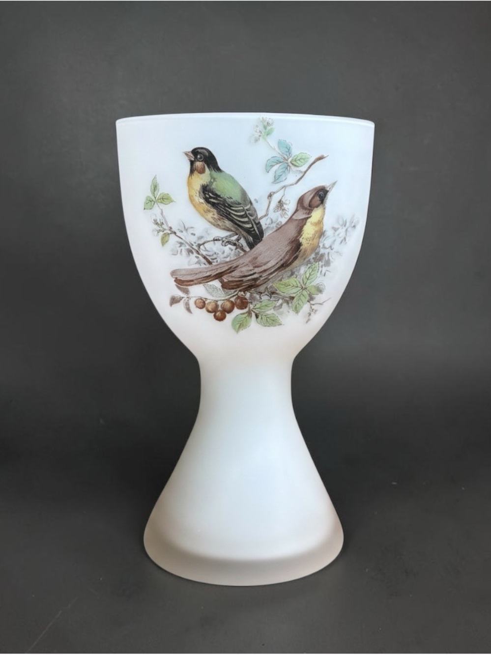 Vintage Norleans Italy Satin Glass Vase Songbirds and Floral Detail, 7.25”